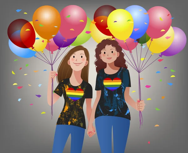 Lesbijek para trzymając rękę siebie i balony — Wektor stockowy