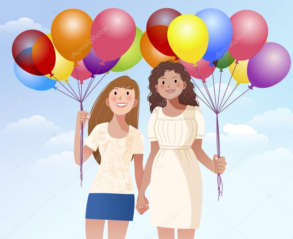 female friend holding hands and balloons