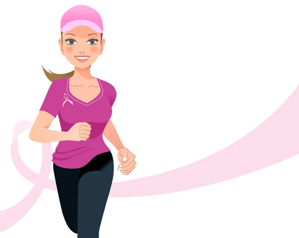 Pink ribbon concept with running woman — Stock Vector
