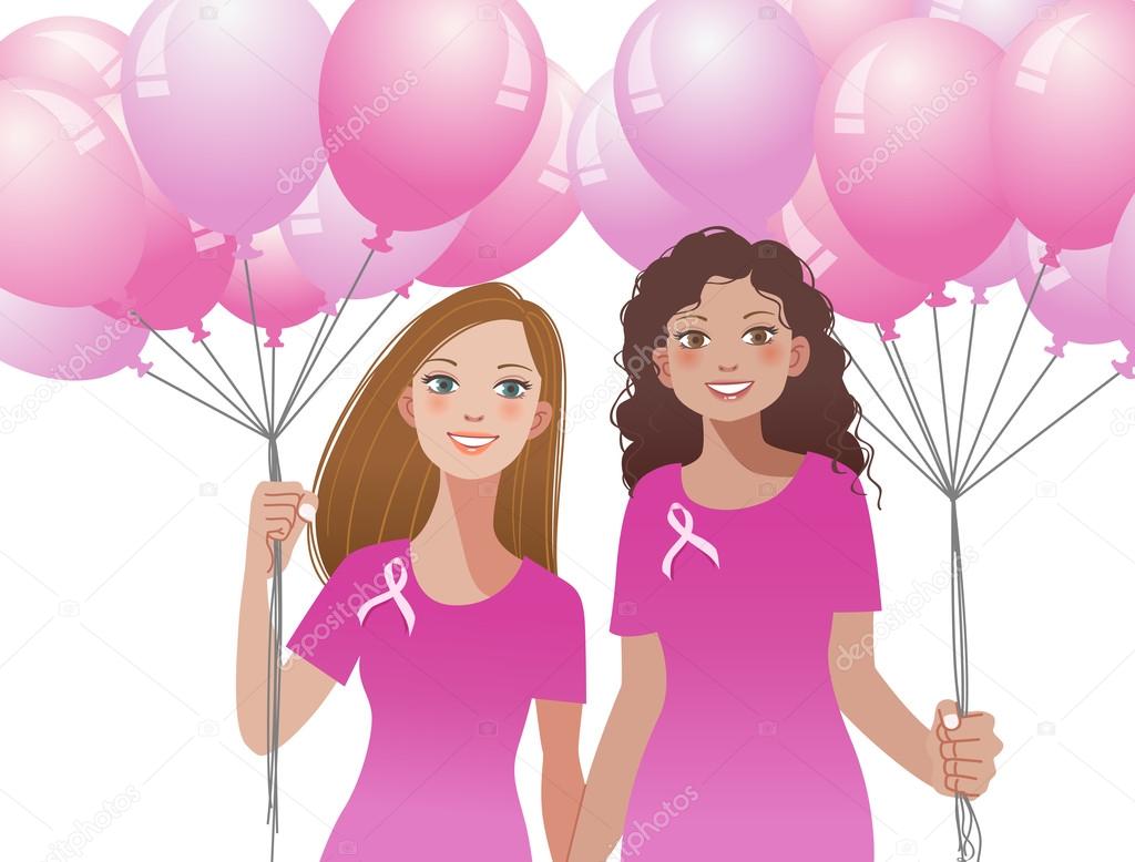 Pink ribbon concept - woman holding pink balloons