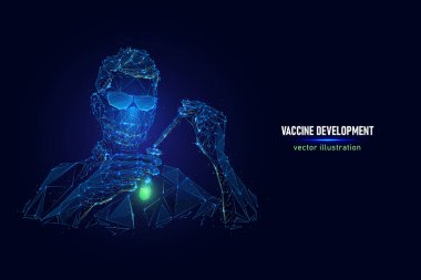 Virüs aşısı geliştirme vektör çizimi. Tıp işçilerinin araştırmalarının dijital telgrafı ve birbirine bağlı noktalardan yapılmış yeni koronavirüs aşısını test etmek. Tıbbi malzeme taşıyan bir adamın mavi düşük yalan makinesi sanatı.