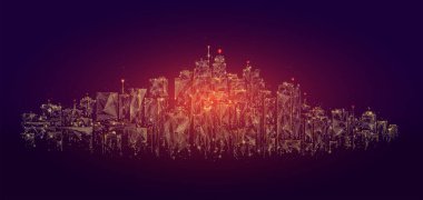 Düşük polimerli şehir silueti panorama vektör illüstrasyonu. Panoramik görünümlü, birbirine bağlı noktalardan oluşmuş mimari binanın dijital telgrafı. Şehir manzarası yalan makinesi sanatı.