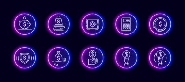 Para ve finans teması ile ilgili her 1 vektör ikonundan 10 'u belirlendi. Arkaplanda izole edilmiş neon parıltısı biçiminde doğrusal vektör simgeleri.