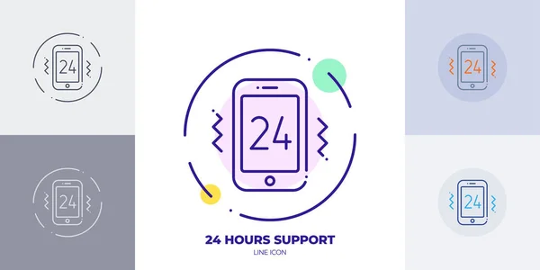 24小时呼叫线艺术矢量图标 24小时在线支持的概要符号 24个客户的支持是由细碎的冲程做成的 以背景为由隔离 — 图库矢量图片