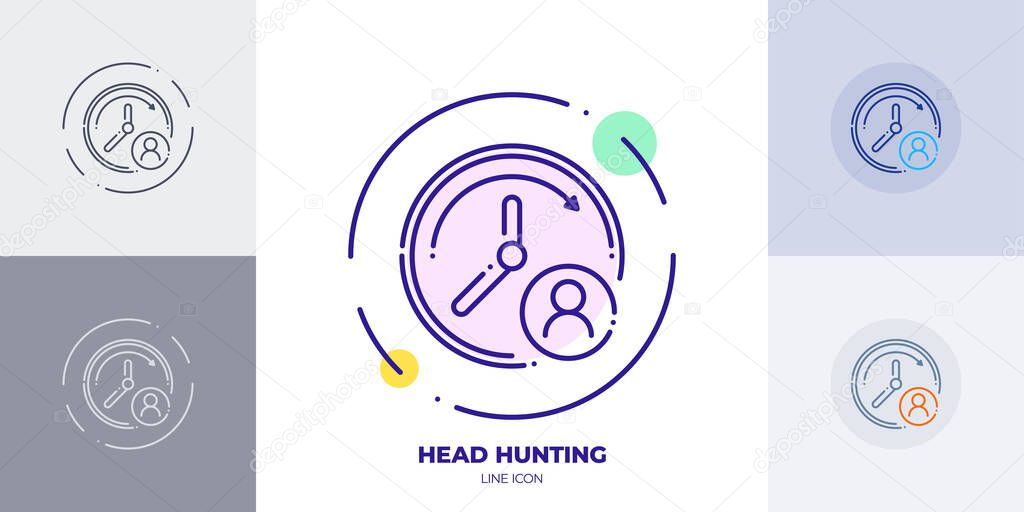 work time line art vector icon. Outline symbol of head hunting. Human resources relates sign made of thin stroke. Isolated on background.