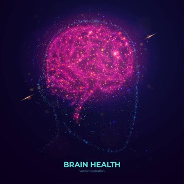Parlayan insan beyin vektör çizimi neon parçacıklarından yapılmıştır. Modern soyut tarzda parlak beyin sağlığı sanatı renkli noktalardan oluşur..