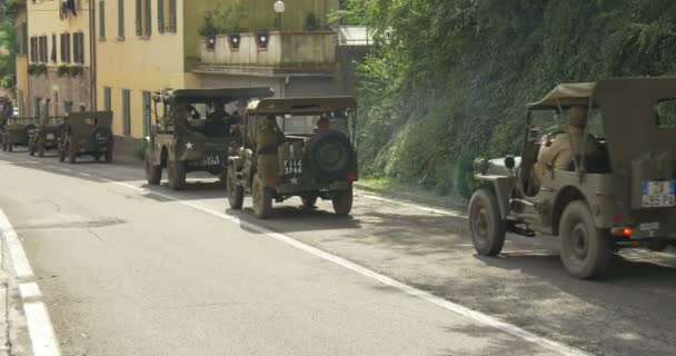 US military vehicles column during a WWII reenactment — Stock Video