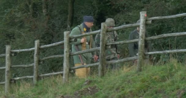 German soldiers from a mountain unit during a WWII reenactment — Stock Video