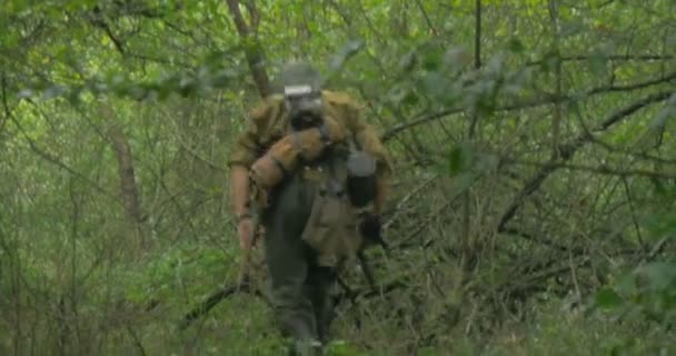 A patrol of German soldiers during a WWII reenactment — Stock Video