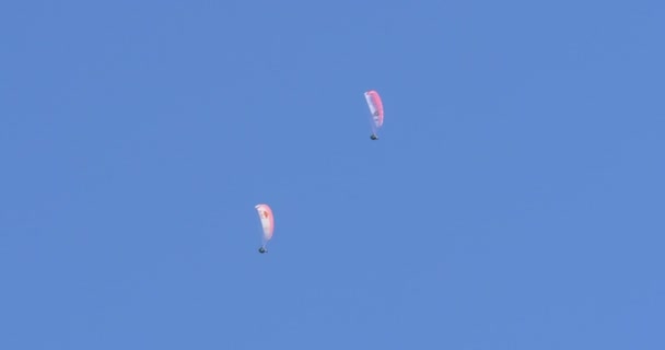 Dois parapentes no céu, durante a AcroAria (a lendária Copa do Mundo de Parapente acrobático ) — Vídeo de Stock