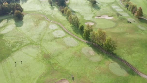 高尔夫球场绿地高尔夫球员空中观 — 图库视频影像