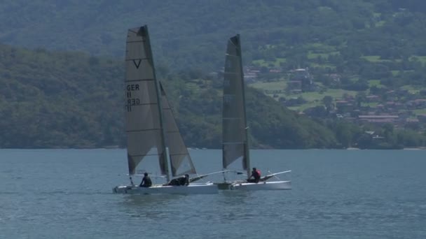 Catamarans tijdens formule 16 Europeanen uitdaging — Stockvideo