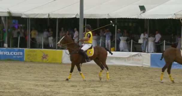 Un giocatore di polo colpisce la palla verso il gol durante una partita di polo alla Hublot Polo Cup il 17 luglio 2015 ad Ascona, Svizzera . — Video Stock