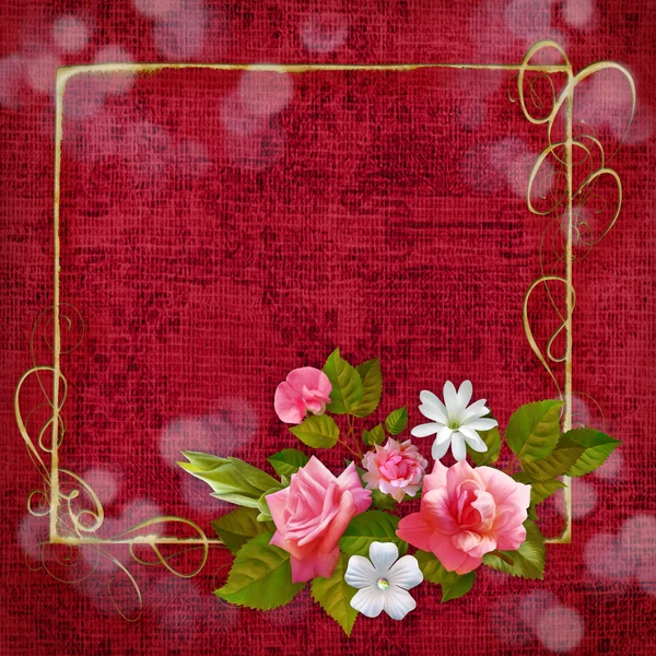 Bright red card with a bouquet of color and patterned frame. — Stock Photo, Image