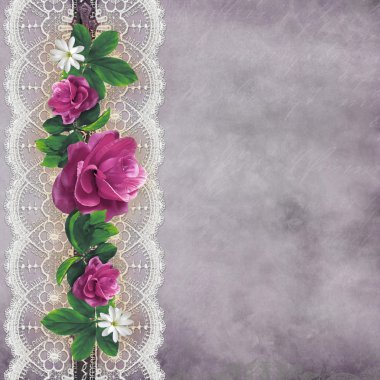 Gül ve dantel grunge arka plan üzerinde bir sınır ile kartpostal.