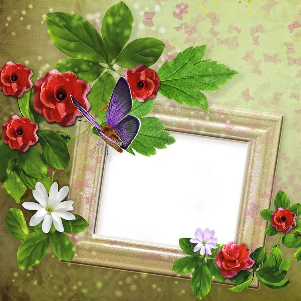 Hermosa tarjeta brillante con arreglo de flores de esquina . — Foto de Stock