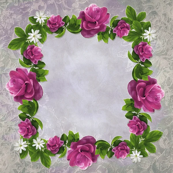 Beautiful floral frame on grunge purple background with floral pattern. — Stock Photo, Image