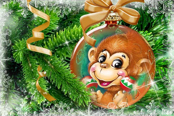 Karácsonyi kártya-val egy szimbólum a 2016 - egy majom. — Stock Fotó