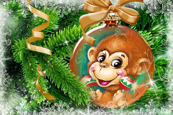 Christmas card with a symbol of 2016 - a monkey. — Stock Photo, Image