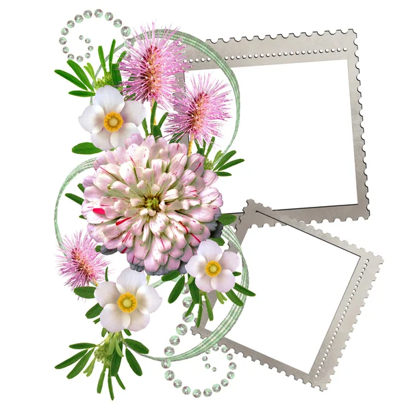 Un hermoso ramo de flores con un marco sobre un fondo blanco . — Foto de Stock