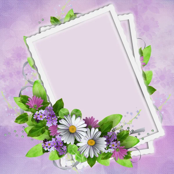 Lavender background with floral border and card — Stock Photo, Image