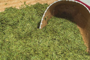 Hasır kepçeli çay yaprakları büyük sepette.