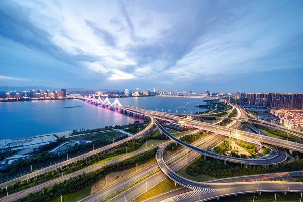 Aerial View Evening Illuminated Roads Harbor Buildings — Stock Photo, Image