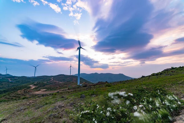 Vackert Landskap Med Väderkvarnar Och Mulen Himmel — Stockfoto