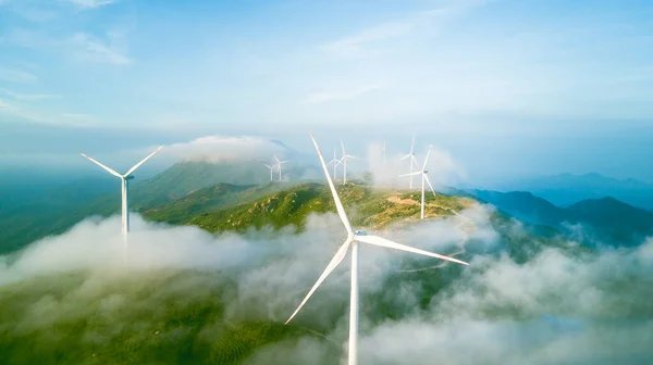 Green Mountainous Landscape Windmills Low Clouds — Stock Photo, Image