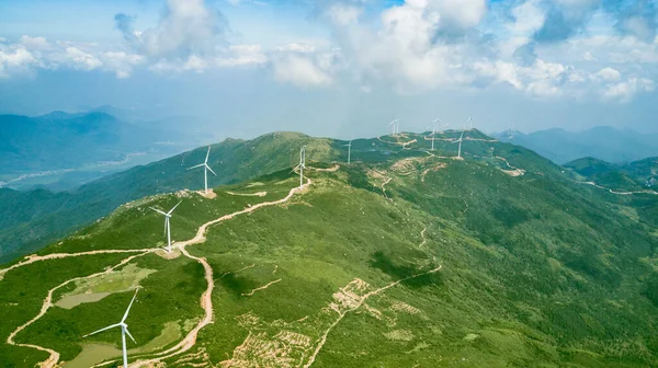 Green Mountainous Landscape Windmills Cloudy Sky — Stock Photo, Image