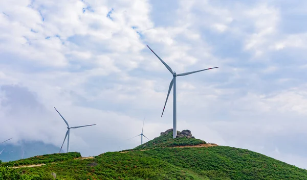 Windmills Green Hilltop Cloudy Sky — Stock Photo, Image