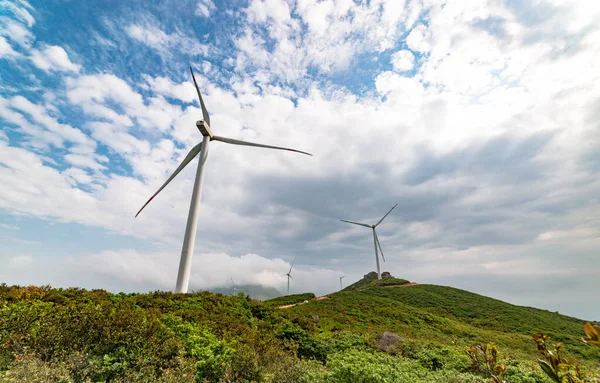 緑の丘の上と曇り空の風車 — ストック写真