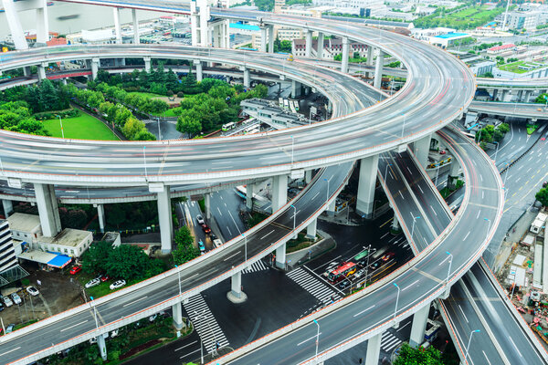 Shanghai elevated road junction and interchange overpass at night