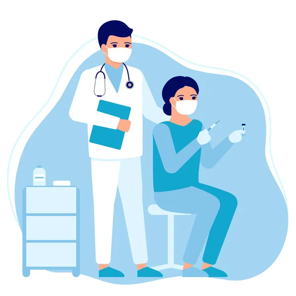 Asesoramiento médico y enfermero. Vacunación de personas para la prevención, inmunización y tratamiento contra la infección viral. Inyección médica, vacuna contra la gripe, virus. Vacunación para una salud segura.Ilustración vectorial — Vector de stock