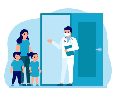 Çocuklu kadın hastaların muayenesi. Ofis doktorunun girişinde. Danışman doktor, gözetim ailesi. Sağlığını korumak için çocuklu bir anneyi korumak ve tedavi etmek. Vektör