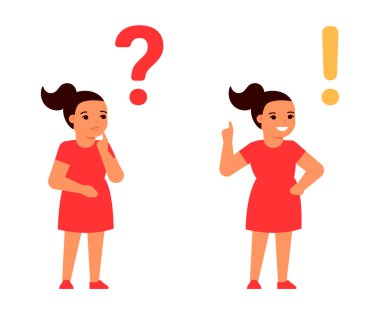 Çocuk düşünür, düşünür, şüphe eder ve karar verir, bulur, bulur. Soru ve cevap konsepti. Akıllı kız, öğrenci. Çocuk sorunları. Vektör illüstrasyonu