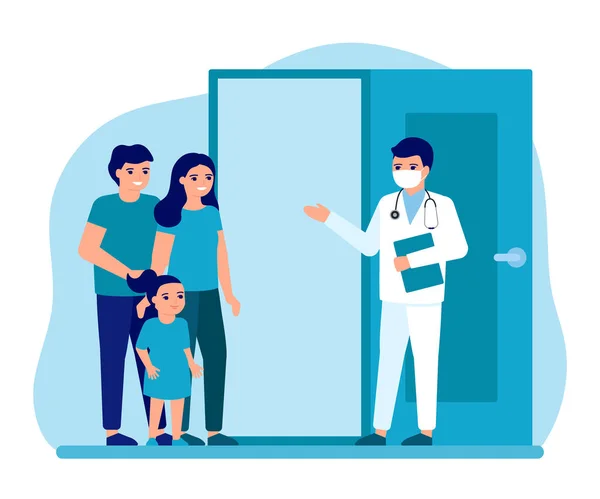 Consultation of family with child at entrance to office doctor. Advice doctor, supervision family, family doctor. Prevention and treatment father, mother and kid to maintain health. Vector — Stock Vector