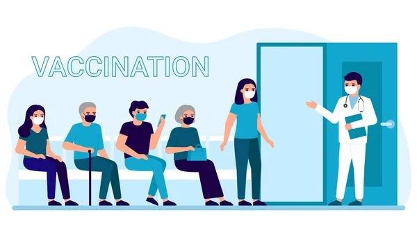 Impfungen von Menschen in Kliniken zur Vorbeugung, Immunisierung und Behandlung gegen Virusinfektionen. Schlange von erwachsenen Männern und Frauen zur medizinischen Injektion, Grippeschutzimpfung. Impfungen für eine sichere Gesundheit. Vektor — Stockvektor