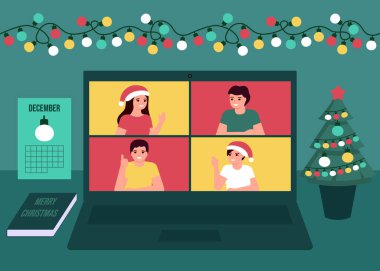 Grup üyeleri Noel tatilinde çevrimiçi iletişim kuruyor. Dekorasyon köknarı, ampuller masaüstü ve Noel ve yılbaşı kutlamaları. Bilgisayarda video görüşmesi, sanal tanışma arkadaşları. Vektör
