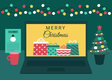 Ekran laptopunda hediyeler olan bir tatil. İnternet üzerinden satın almak, almak, hediye vermek. Noel 'i ve yeni yıl tatilini kutluyoruz. Vektör