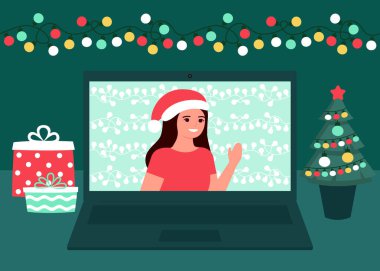 Noel tatilinde kadın iletişimi. Dekorasyon köknarı, ampuller masaüstü ve Noel ve yılbaşı kutlamaları. Bilgisayarda video görüşmesi, sanal toplantı. Vektör