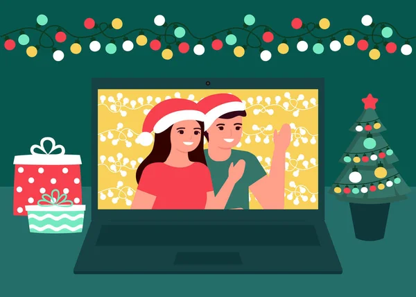 Man and woman communication online on Christmas holiday. Decoration fir, lightbulbs desktop and greeting Christmas and New Year. Video call on laptop, virtual meeting. Vector — Stock Vector