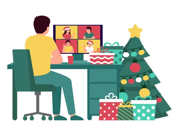 Homme communication avec les gens de groupe en ligne pendant les vacances de Noël, vue arrière. sapin, cadeau, bureau et salutation Noël et Nouvel An. Appel vidéo sur ordinateur, rencontre virtuelle d'amis à Noël. Vecteur — Image vectorielle