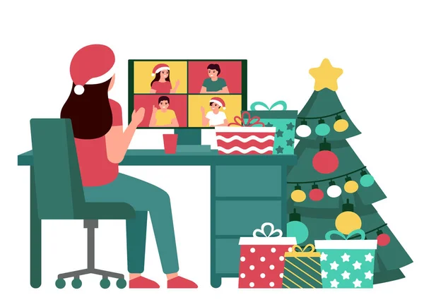 Noel tatilinde, arka planda grup insanlarla iletişim kuran bir kadın. Firavun ağacı, hediye, masaüstü ve yılbaşı ve yeni yıl kutlaması. Bilgisayarda video görüşmesi, Xmas 'ta sanal buluşma. Vektör — Stok Vektör