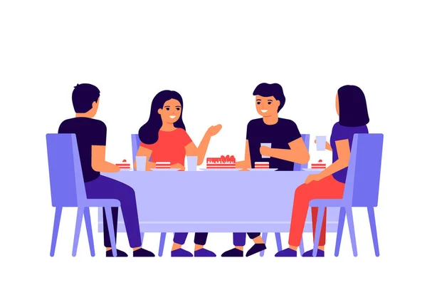 Grupo de jóvenes están sentados juntos en la mesa, hablando y comiendo. Los amigos felices celebran la fiesta y comen pastel. Los hombres y las mujeres prueban la comida en casa, en el restaurante o en la cafetería. Ilustración vectorial — Vector de stock