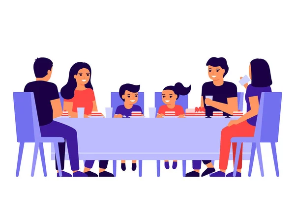 Grupo de jóvenes y niños están sentados juntos en la mesa, hablando y comiendo. Los amigos felices celebran la fiesta y comen pastel. Los hombres, las mujeres y los niños prueban la comida en casa, en el restaurante o en la cafetería. — Vector de stock