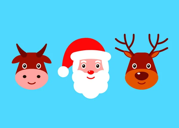 Feliz Santa Claus, ciervos y cara de toro. Personajes navideños. Vector plano — Archivo Imágenes Vectoriales