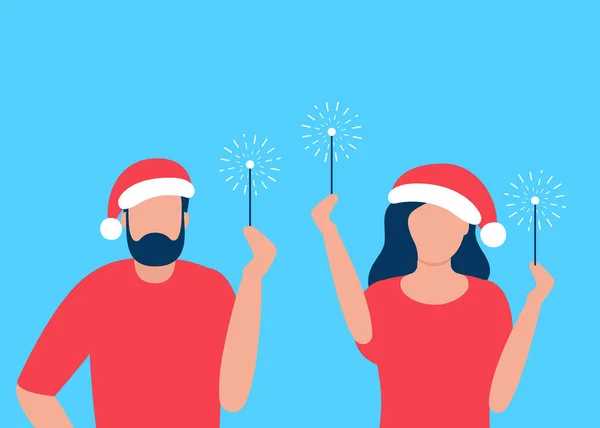 Homme Femme Fêtent Noël Sparklers Joyeux Noël Nouvel Salutations Illustration — Image vectorielle