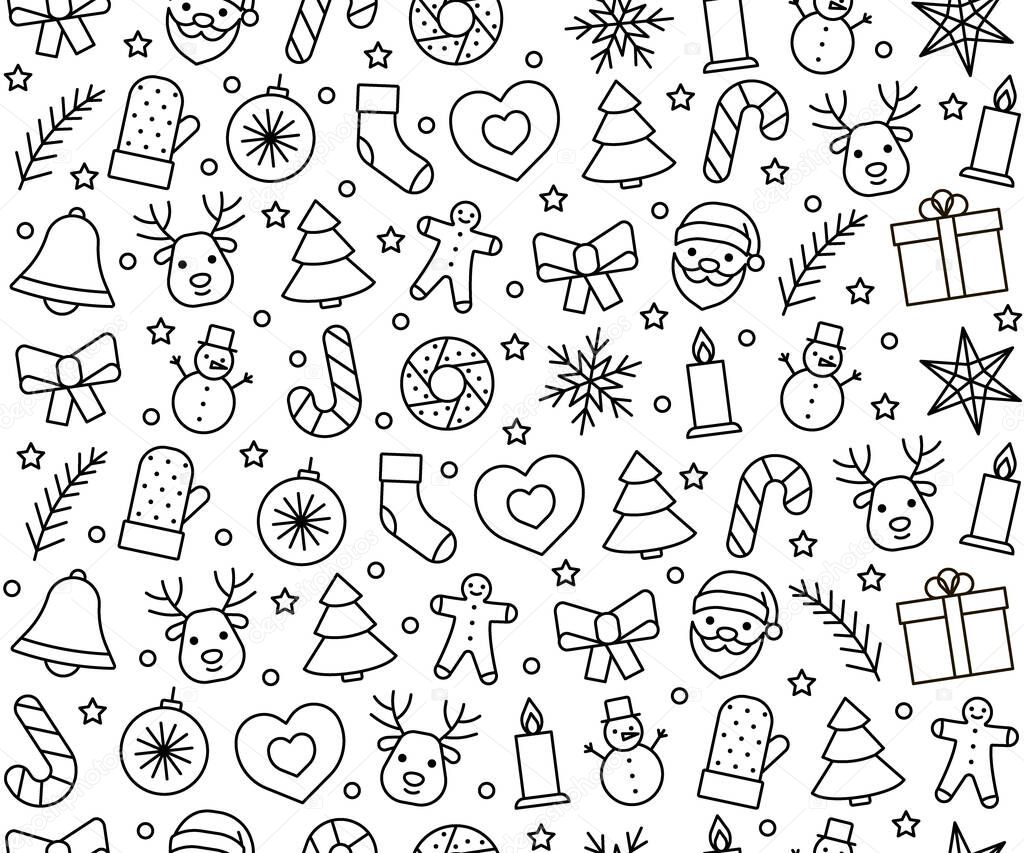Line icons pattern for Christmas and New Year. Holidays background. Vector