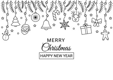 Noel ve Yeni Yıl için sınır çizgisi simgeleri belirlendi. Düzenlenebilir ana hat sembolü. Vektör illüstrasyonu